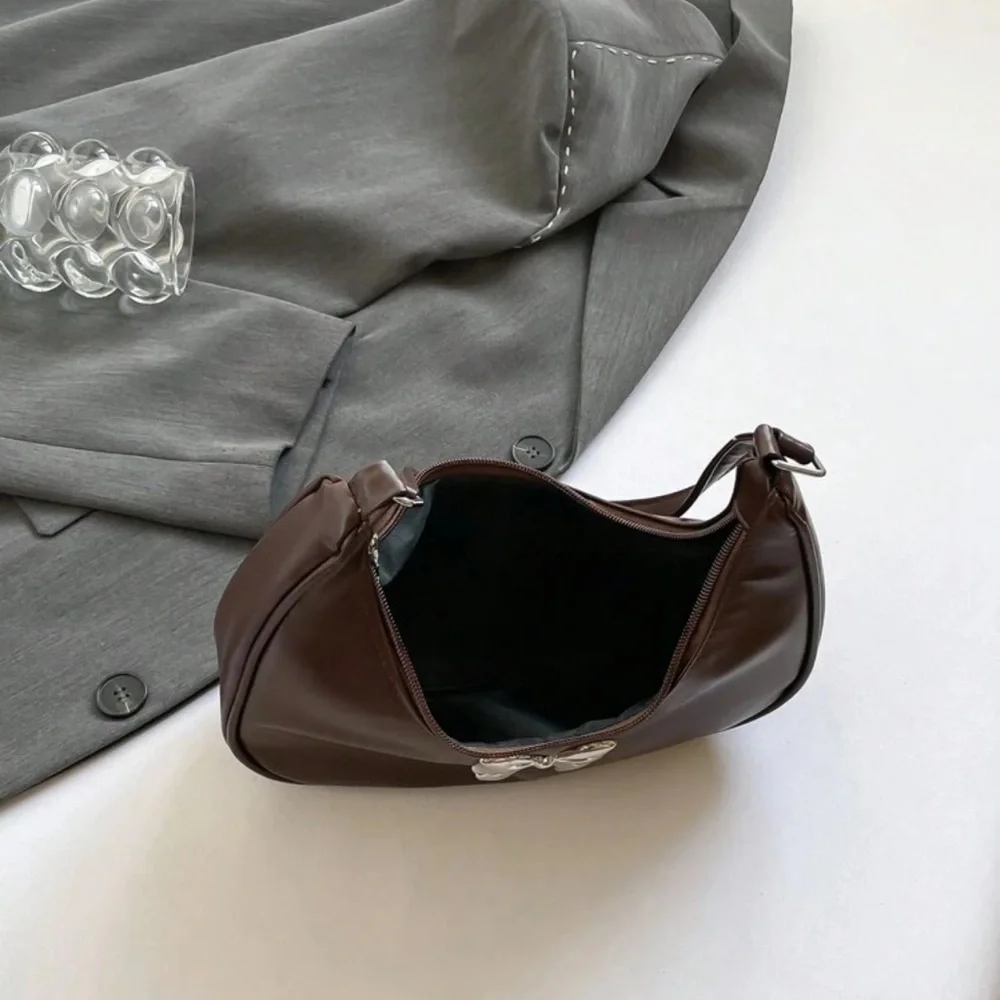 Brown Faux Leather Shoulder Bag with Silver Bow Detail | Coquette | NWOT